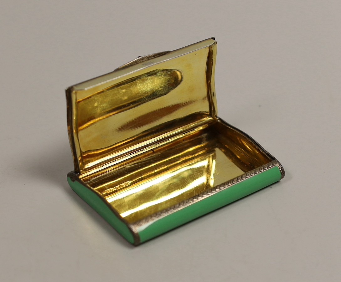 A late 1920's silver and enamel cigarette case, the cover decorated with riverside scene, P.H. Vogel, London, 1927, 81mm.